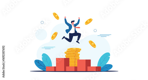 Successful businessman celebrating victory jumping joyfully above stacked coins on podium surrounded by falling gold