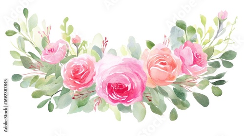 Delicate pink rose wreath painted with gentle brush strokes in watercolor