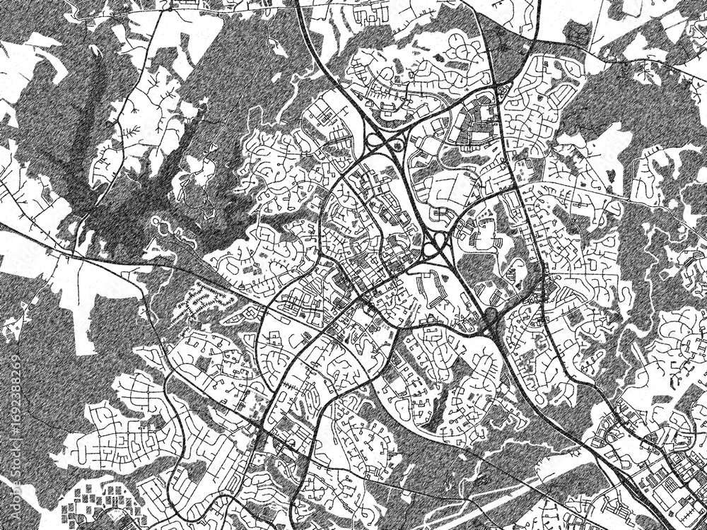 Fototapeta premium Minimalist map of Germantown, Maryland, illustrated in black and white with a bold street grid and shaded parks.