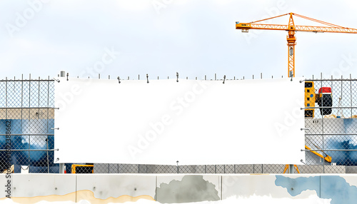 Blank white banner mockup on the fence of construction site, watercolor. White tone