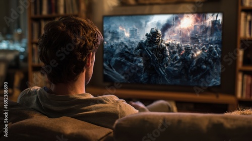 Person Watching Intense Battle Scene on Television in Living Room