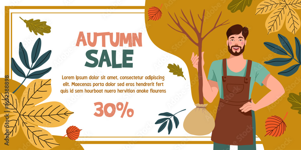 Fototapeta premium Banner Depicting a Man With Fruit Tree Seedling