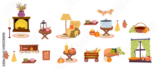 Cozy autumn mini interior set. Hygge cozy furniture for thanksgiving design. Cottagecore whimsical autumn design