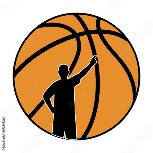 Silhouette of a basketball coach pointing with a basketball in the background