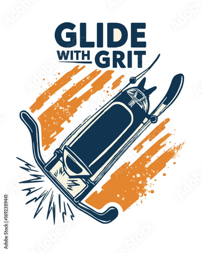Parahockey sledge illustration, blue-orange palette, Glide with Grit