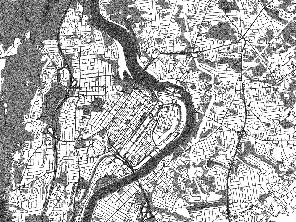 Obraz premium Black and white sketch-style map of Holyoke, Massachusetts, designed digitally with fine details and bold textures.