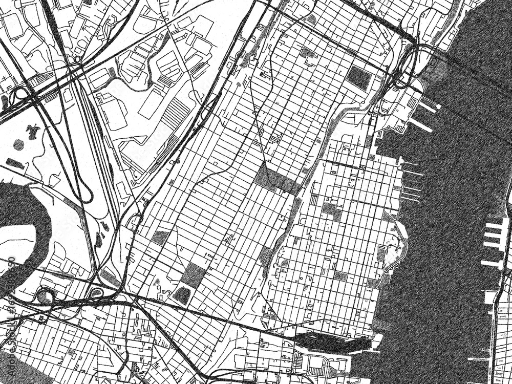 Naklejka premium Stylized illustration of Hoboken New, Jersey, showing its roads and neighborhoods in sketch-like black and white.
