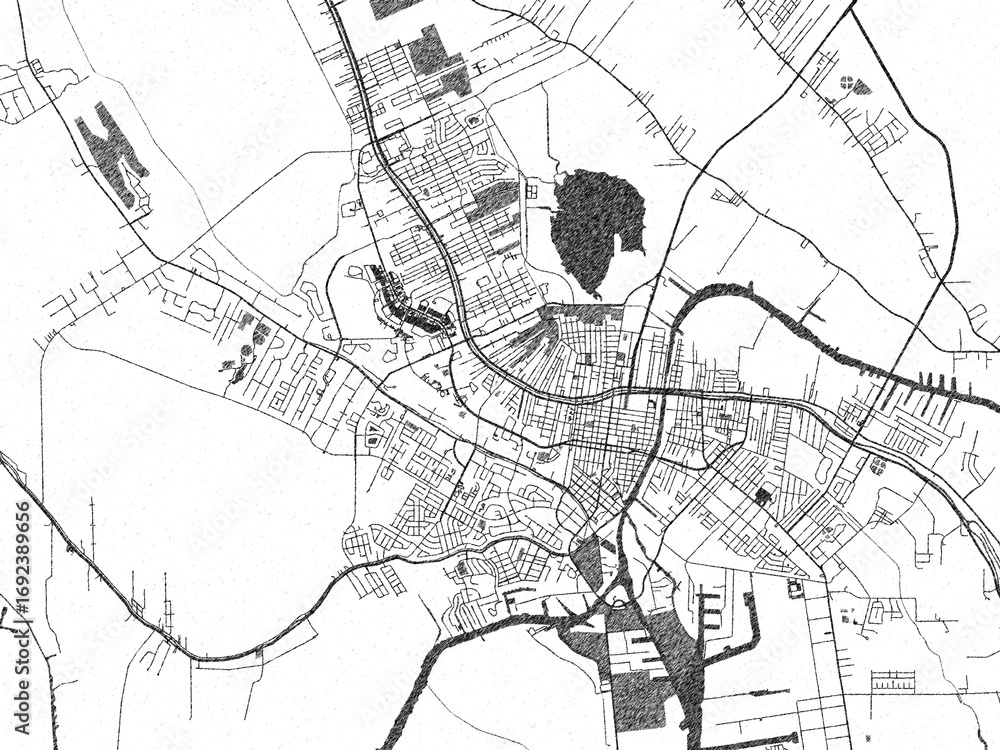 Fototapeta premium Hand-drawn style black and white city map illustration of Houma, Louisiana, with detailed streets and shaded textures.