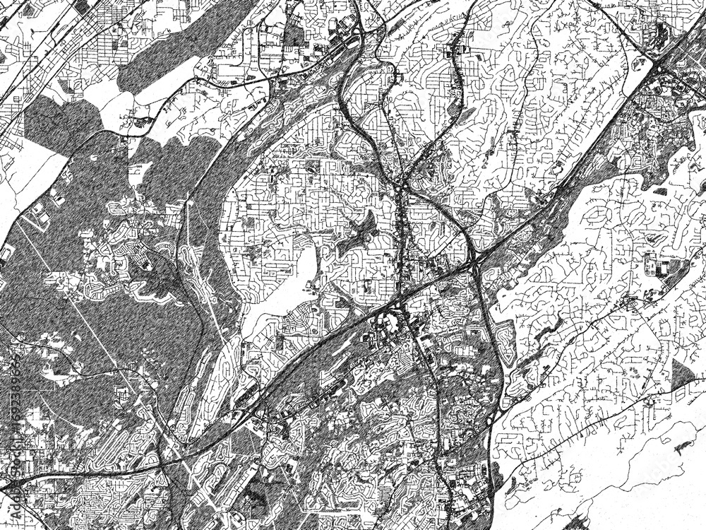 Fototapeta premium Stylized illustration of Hoover, Alabama, showing its roads and neighborhoods in sketch-like black and white.
