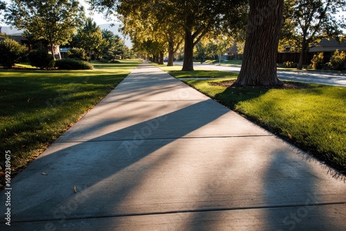 Sunlight-dappled sidewalk in residential street