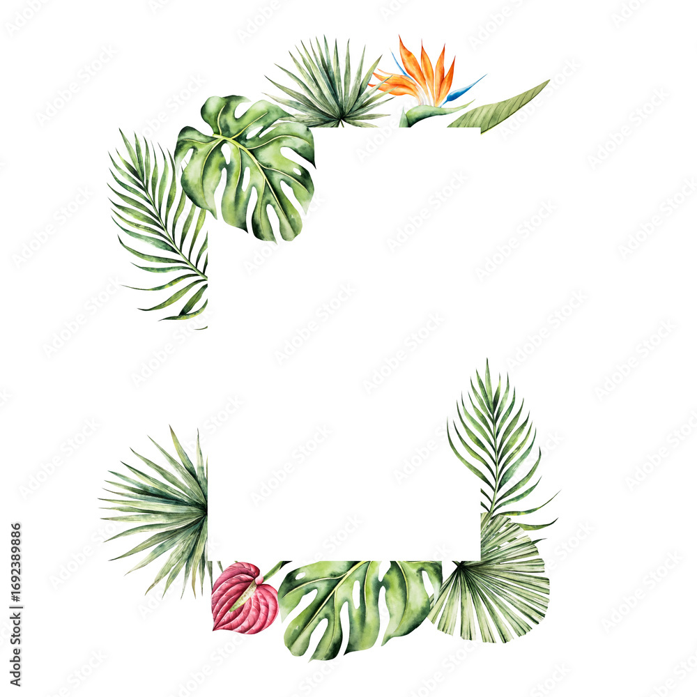 Naklejka premium Monstera leaf frame, Strelitzia and red anthurium flowers template. Watercolor hand drawn palm areca, vibrant green tones. Isolated botanical illustration on transparent background. Perfect for