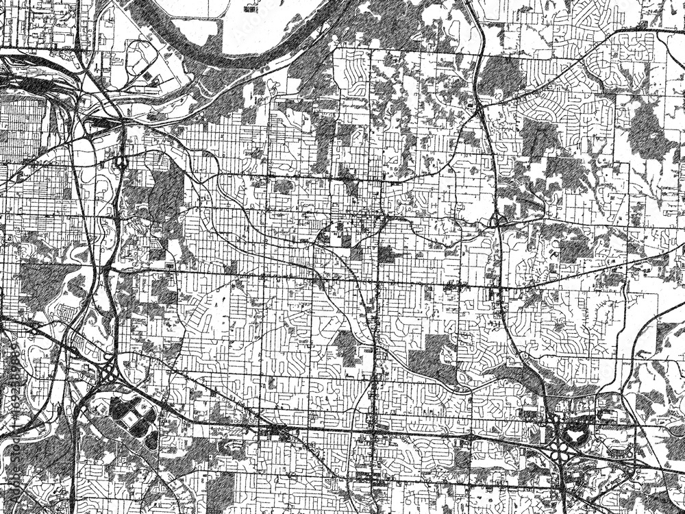 Obraz premium Poster-ready illustration map of Independence, Missouri, in black and white hand-drawn style.