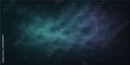 An abstract background of swirling blue cosmic clouds and bright stars in the dark universe