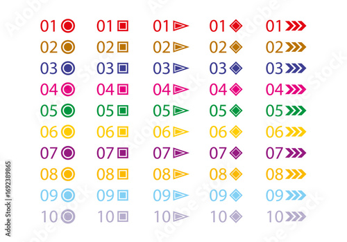 Hoja de iconos de números rojos, naranja, azules, verde, rosas y amarillos