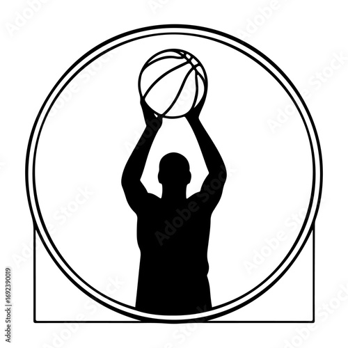 Basketball player silhouette taking a shot inside a circle emblem