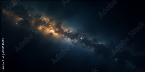 Blue summer cloudscapes bathed in sunlight and a twilight sky of stars and clouds