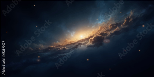 Starry night sky with clouds and colorful sunset light