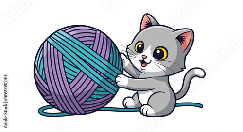 A charming cartoon kitten character playfully engaging with a large ball of colorful yarn, a cute vector design concept for a knitting or craft hobby