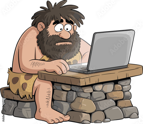 Funny caveman with messy hair and beard using laptop, sitting on stone bench, prehistoric man in modern technology, humorous cartoon character working digitally.