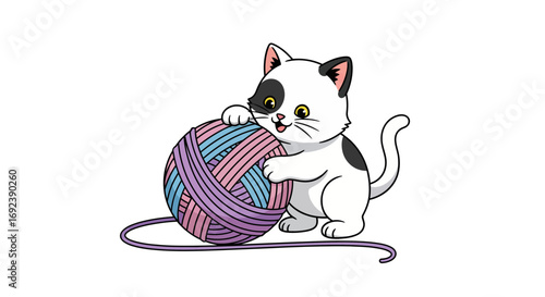 Playful white kitten with black spots happily hugging a large, multi-colored yarn ball. A charming vector illustration isolated on white