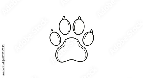 Monochrome outline drawing of a dog or cat paw print. An isolated vector icon representing pets, veterinary services, and love for animals