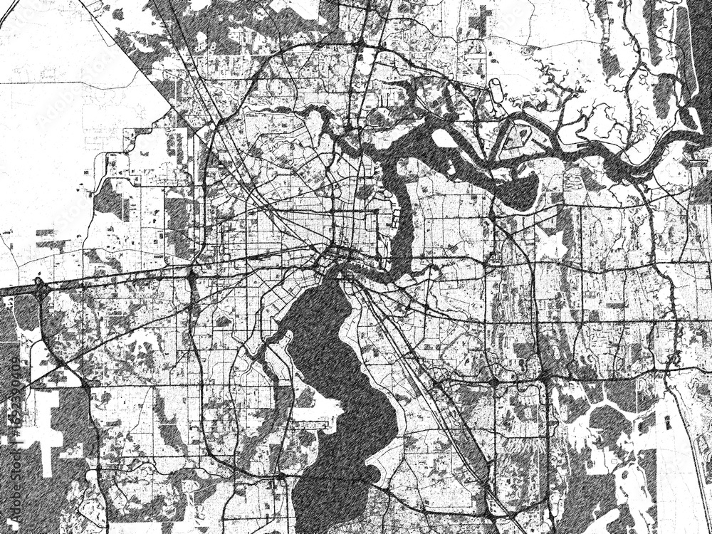 Naklejka premium Stylized illustration of Jacksonville, Florida, showing its roads and neighborhoods in sketch-like black and white.