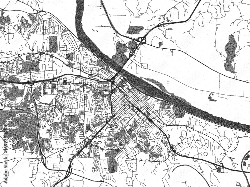 Naklejka premium Black and white sketch-style map of Jefferson City, Missouri, designed digitally with fine details and bold textures.