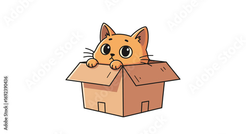 Adorable orange cartoon cat hiding inside a cardboard box. Cute and curious kitten character peeking out, isolated vector illustration