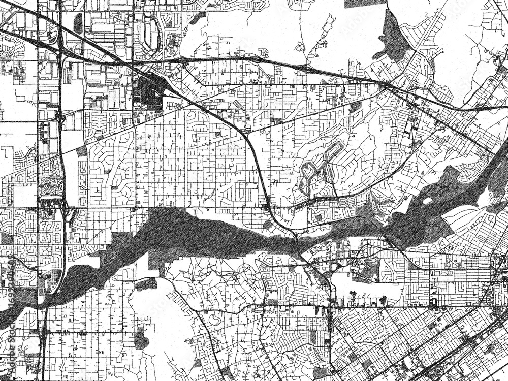 Naklejka premium Black and white illustration map of Jurupa Valley, California, showing its detailed urban layout in a hand-drawn style.