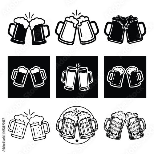 Beer mugs clinking vector icons set
