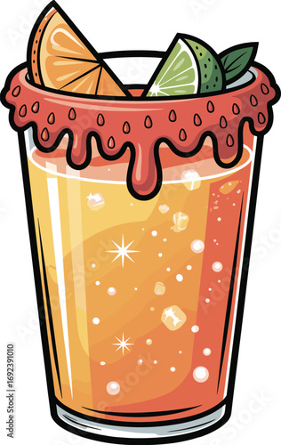 Refreshing citrus cocktail with orange slice, lime wedges, dripping red sauce, sparkling bubbles in glass, summer drink, tropical beverage, party refreshment, tasty cold juice.