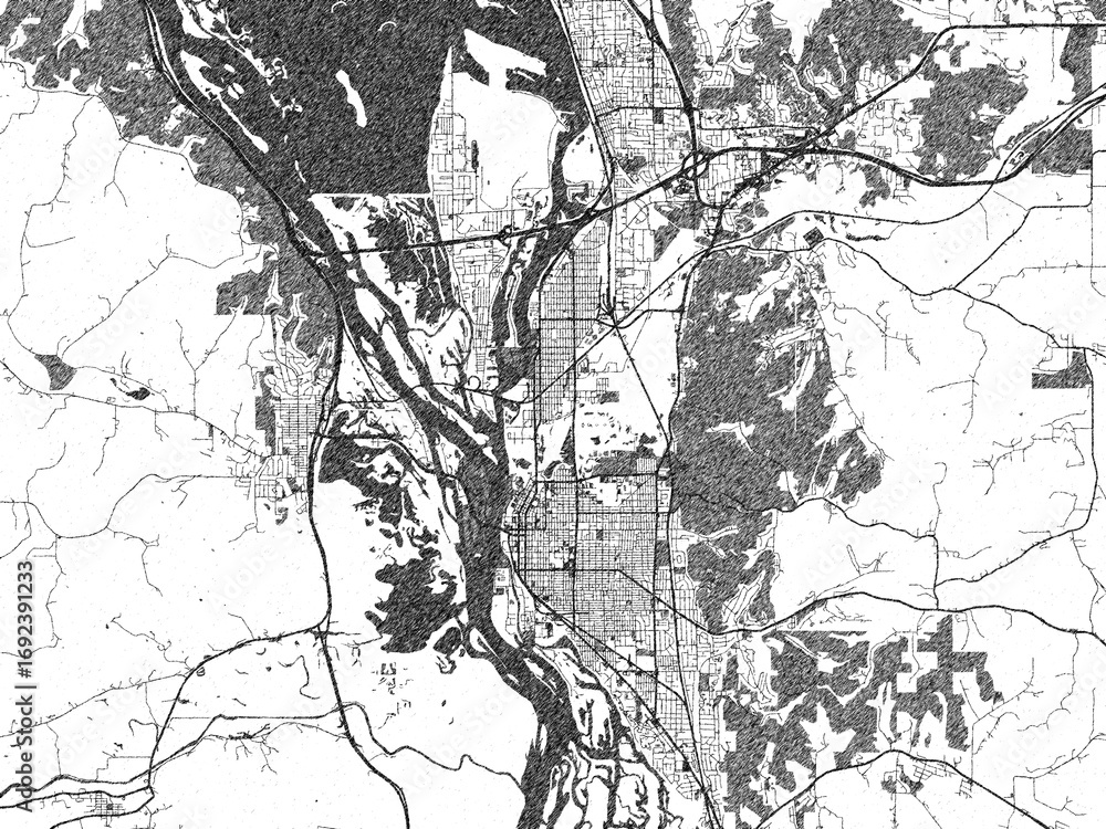 Naklejka premium Minimal city map illustration of La Crosse, Wisconsin, in hand-drawn style monochrome with strong gridlines and shaded areas.