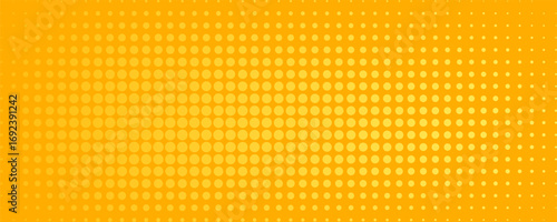 Yellow halftone pattern. Retro comic gradient background. Bright orange pixelated dotted texture overlay. Vector backdrop for poster, banner, advertisement