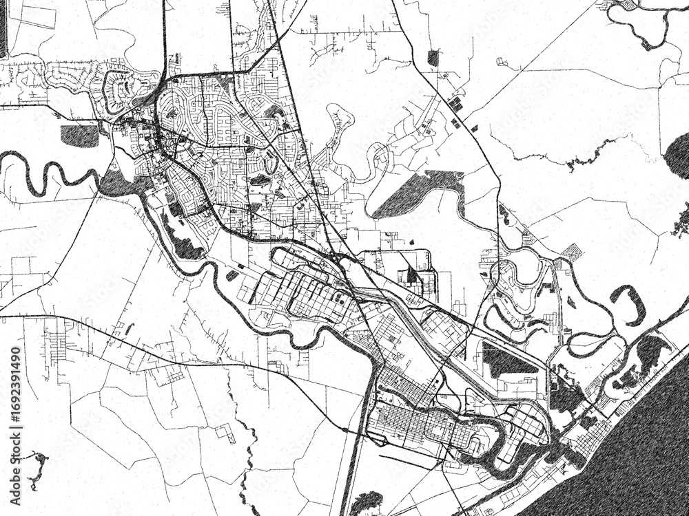 Fototapeta premium Artistic city map of Lake Jackson, Texas, created in hand-drawn black and white for editorial or decorative projects.