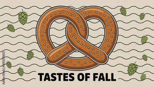 A stylized pretzel with hops on a wavy background representing tastes of fall season celebration design