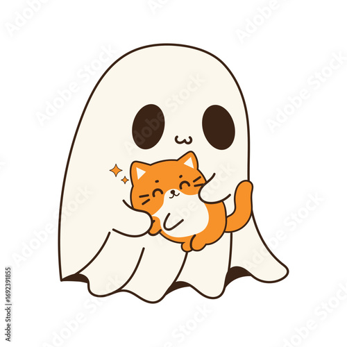 Cute Cartoon Ghost Hugging a Little Cat.