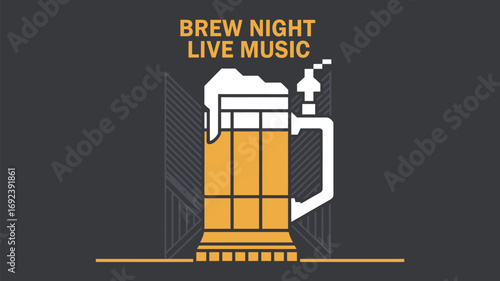 Brew night live music graphic featuring a beer mug with foam on a dark background with lines design