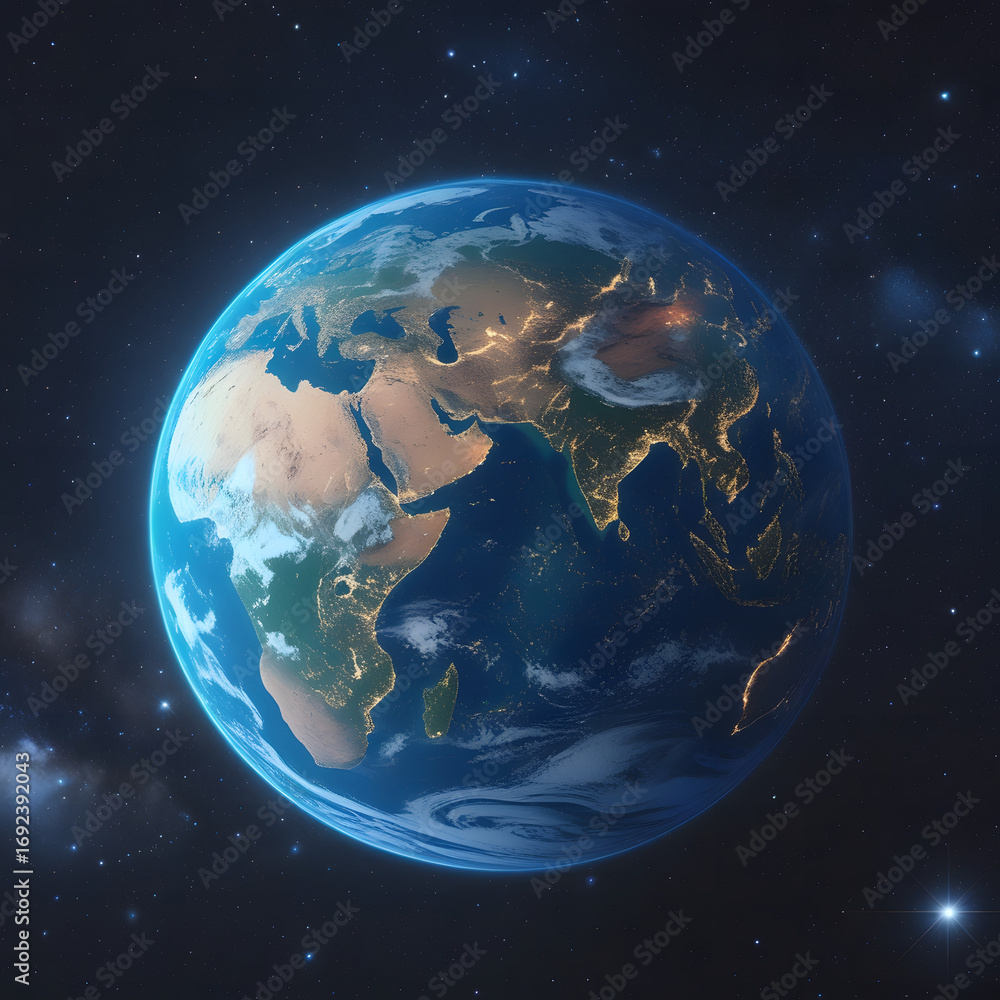 Fototapeta premium Stunning cosmic view of planet Earth in space with glowing atmosphere and surrounding star field