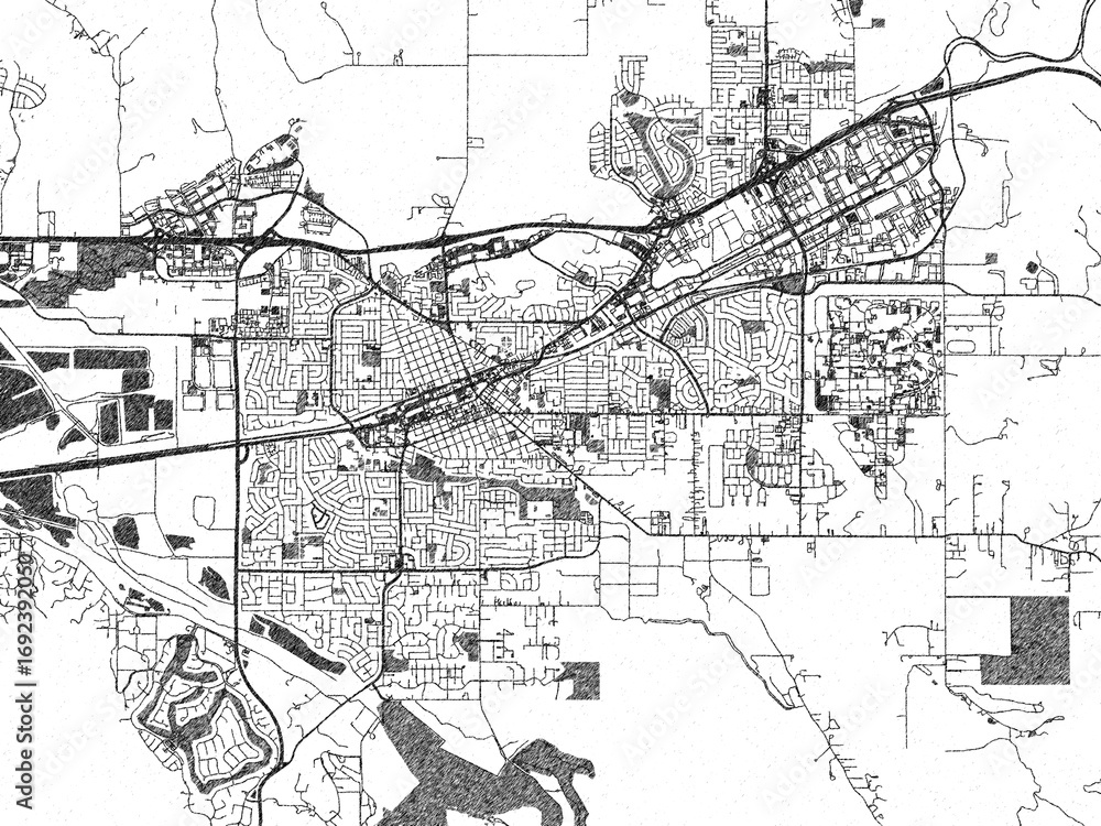 Fototapeta premium Minimalist map of Livermore, California, illustrated in black and white with a bold street grid and shaded parks.