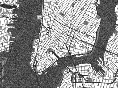 Urban map of Lower Manhattan New, York, illustrated in monochrome with a strong grid and shaded elements.