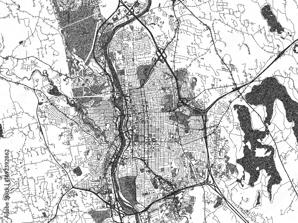 Naklejka premium Black and white hand-drawn map of Manchester New, Hampshire, designed as a decorative illustration.