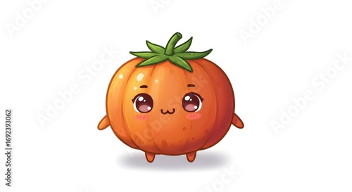 A cute, round pumpkin cartoon with big sparkling eyes and a small smile. It has tiny arms and legs and a green leafy stem on top, looking friendly and adorable in a playful style.