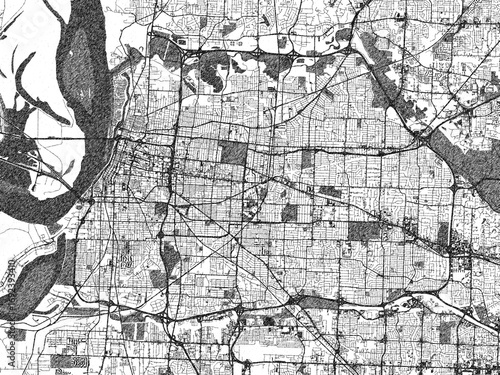 Monochrome sketch map of Memphis, Tennessee, highlighting roads, rivers, and urban design.