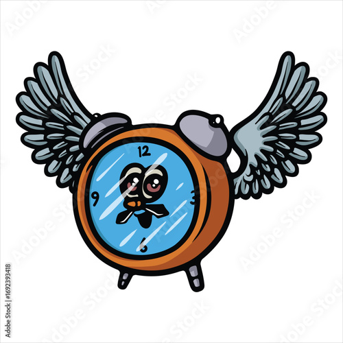 Flying alarm clock character cartoon vector illustration