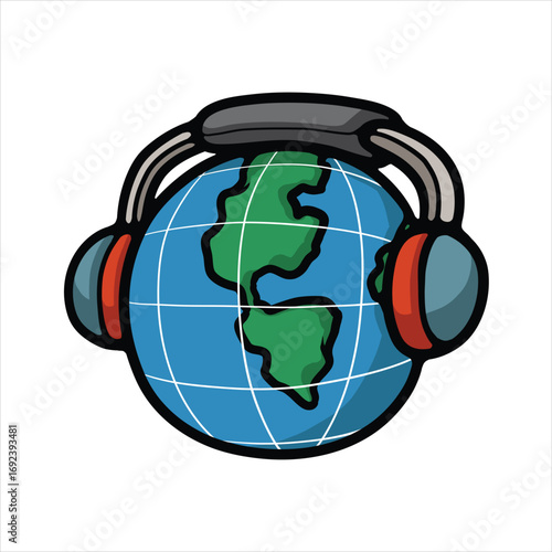 Globe with headphones cartoon vector illustration