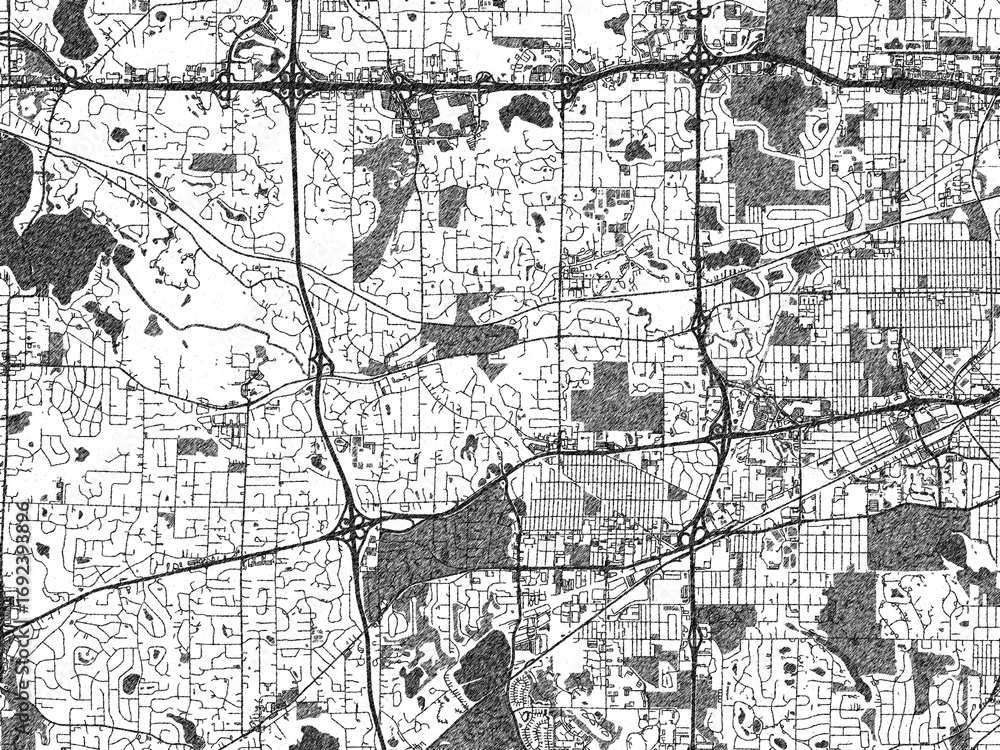 Fototapeta premium Stylized illustration of Minnetonka Mills, Minnesota, showing its roads and neighborhoods in sketch-like black and white.
