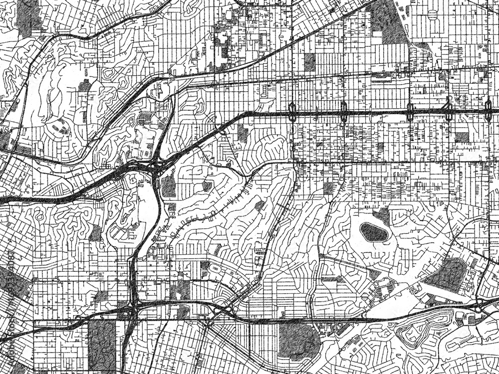 Obraz premium Hand-drawn style map illustration of Monterey_Park, California, in black and white with detailed streets and neighborhoods.