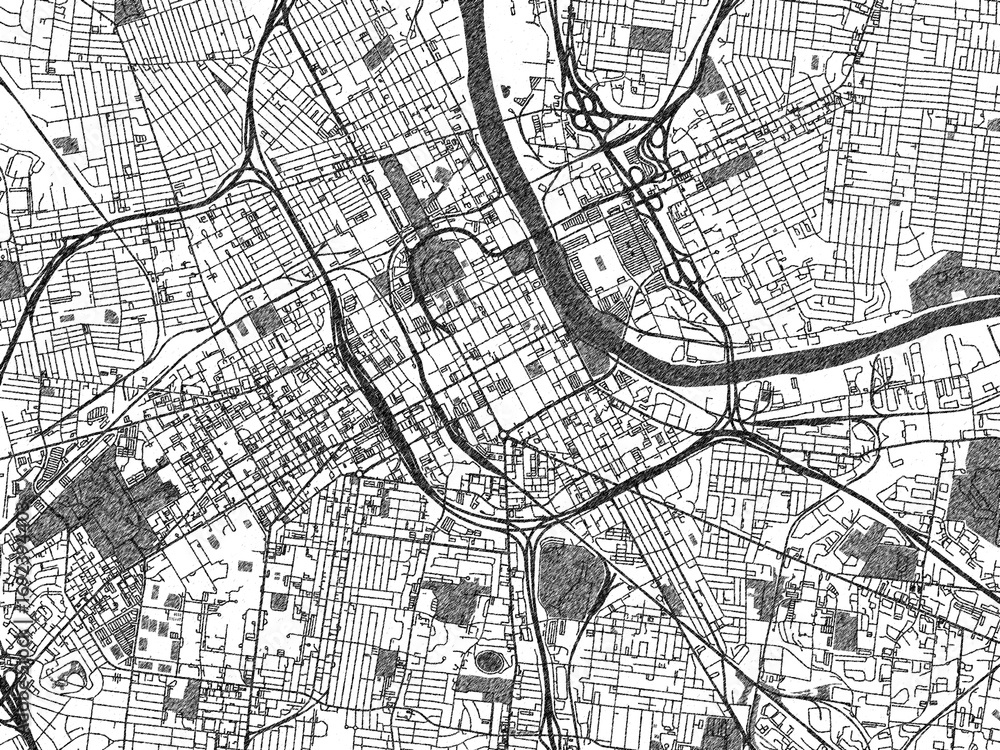 Naklejka premium Hand-drawn style black and white city map illustration of Nashville Center, Tennessee, with detailed streets and shaded textures.