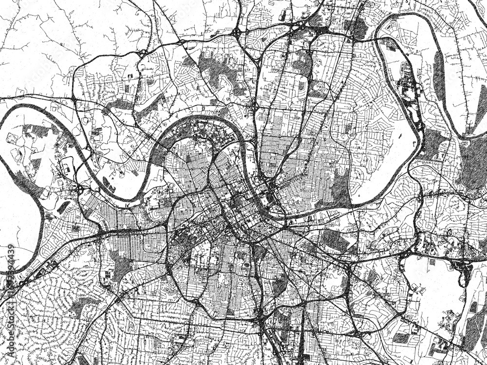 Naklejka premium Black and white illustration map of Nashville, Tennessee, showing its detailed urban layout in a hand-drawn style.