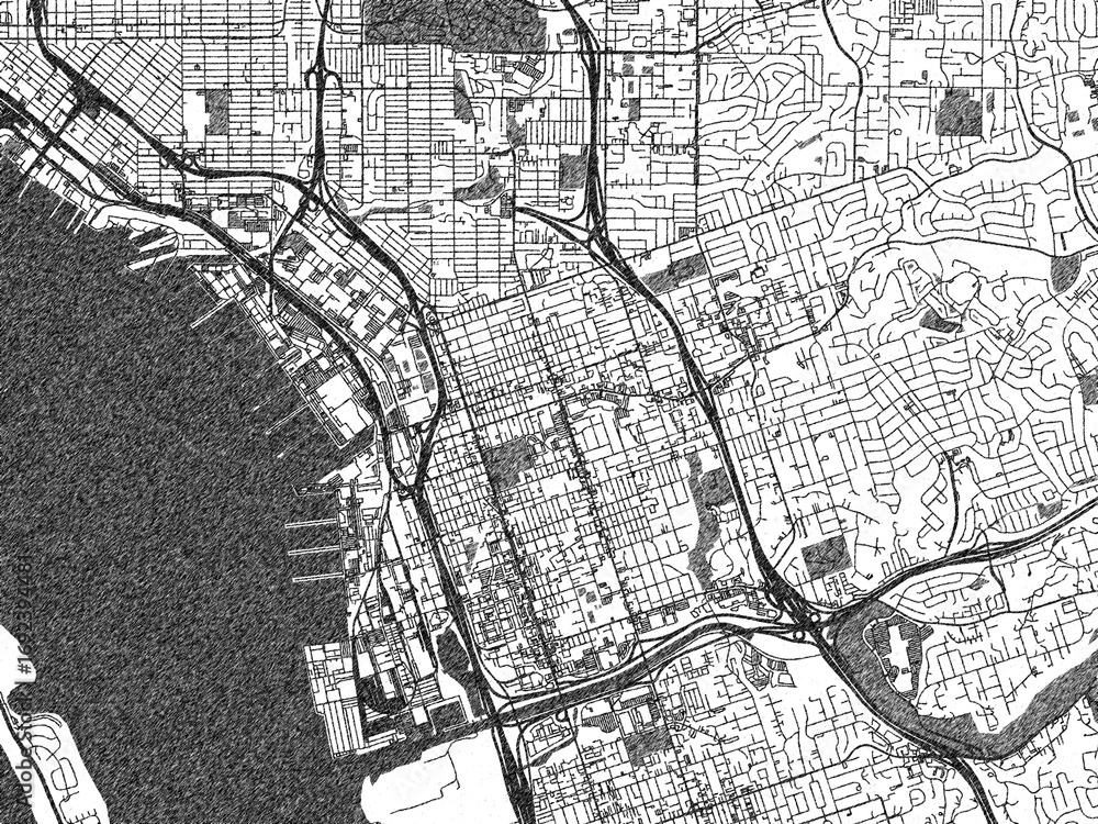 Naklejka premium Detailed black and white map of National City, California, designed in a sketch-style illustration for creative use.